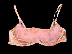 Pink used satin bra, worn and pre-loved, available for discreet purchase and fast shipping.