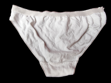 Load image into Gallery viewer, White used panties, pre-loved and available for discreet purchase with fast shipping.