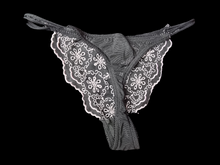 Load image into Gallery viewer, Black used panties, pre-loved and available for discreet purchase with fast shipping.