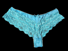 Load image into Gallery viewer, Blue used panties, pre-loved and available for discreet purchase with fast shipping.