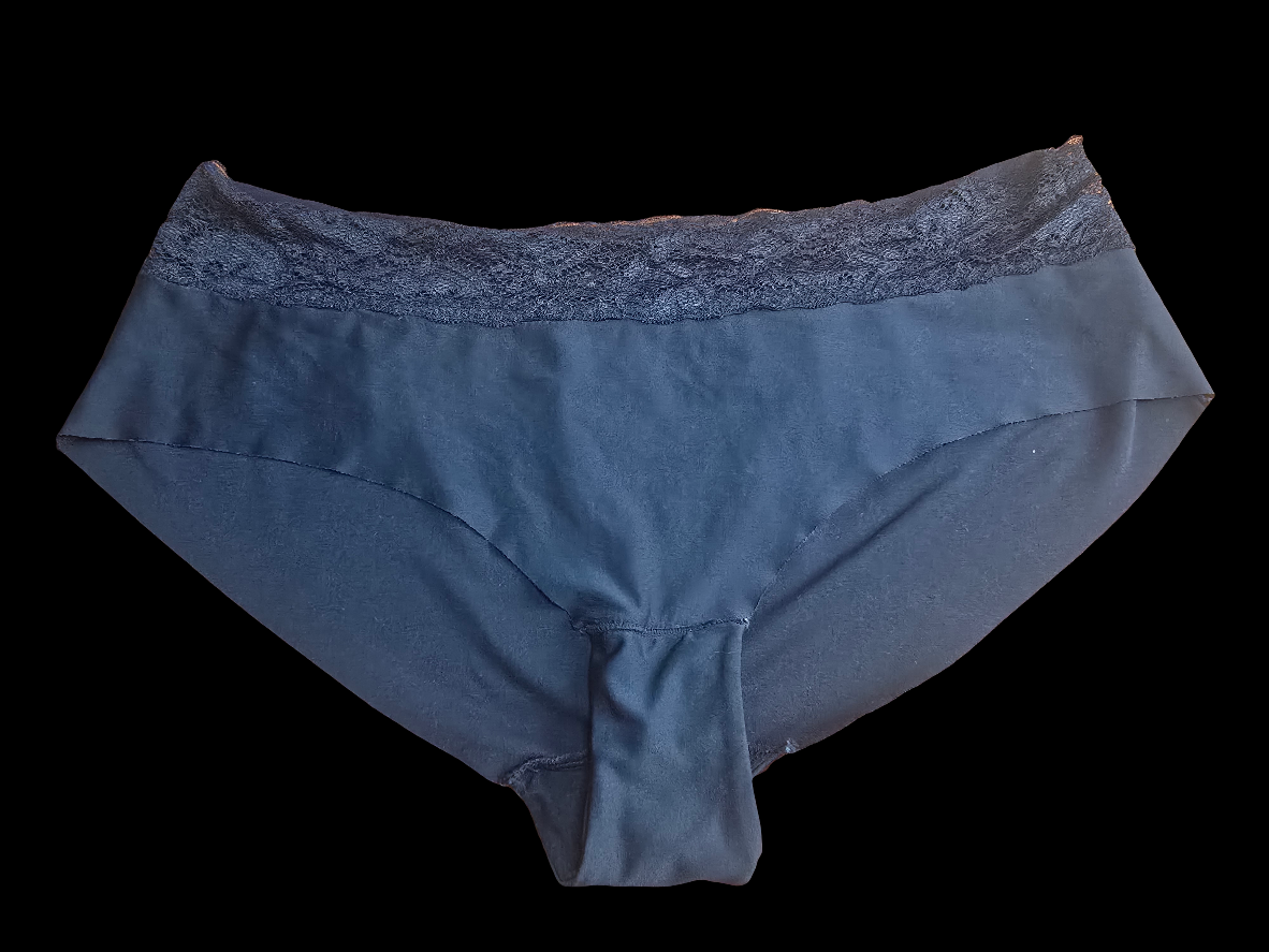 Black used panties, pre-loved and available for discreet purchase with fast shipping.