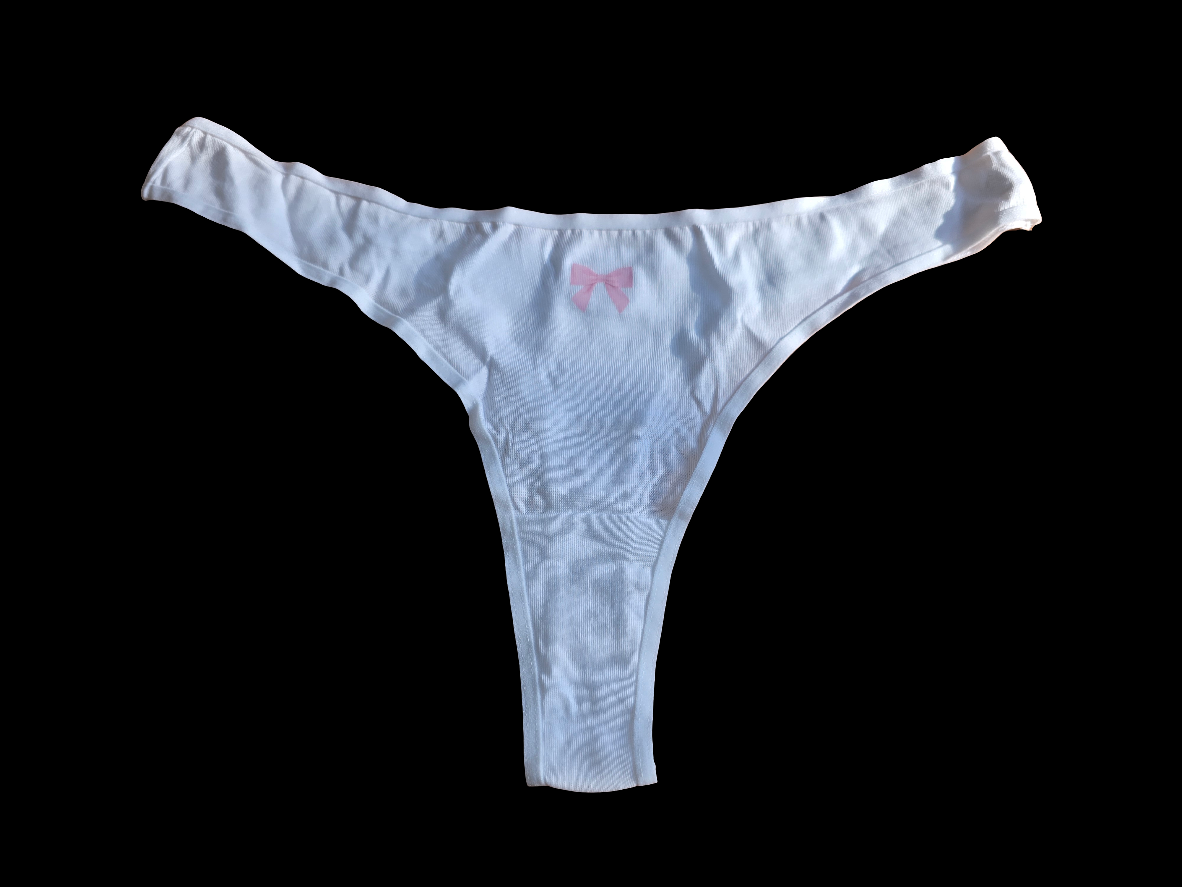 WHITE COTTON THONG WITH PINK BOW