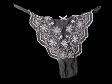 Load image into Gallery viewer, Black used panties, pre-loved and available for discreet purchase with fast shipping.