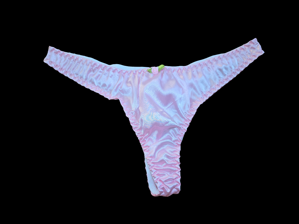 PINK SATIN ROSE THONG