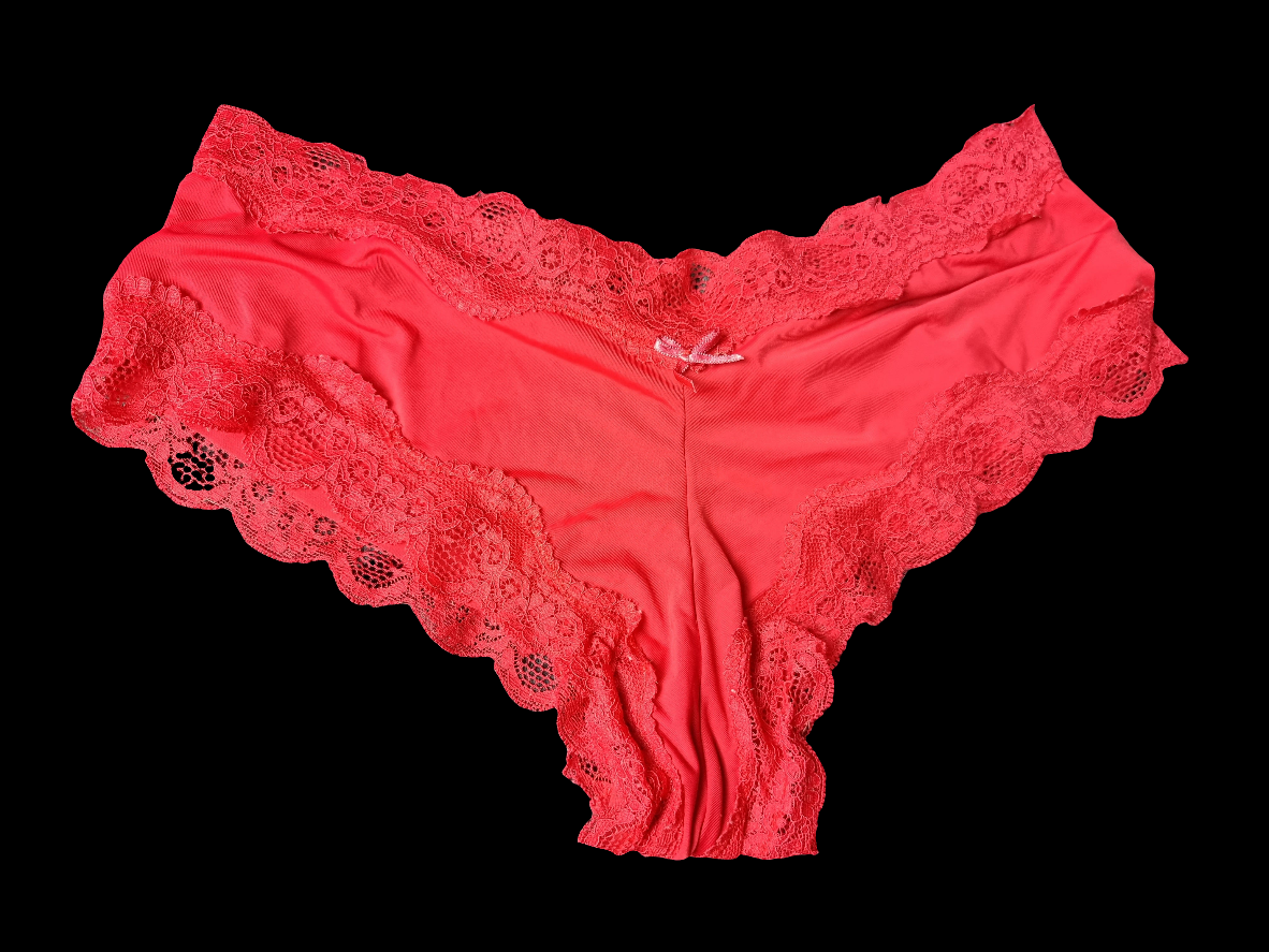 Red used panties, pre-loved and available for discreet purchase with fast shipping.