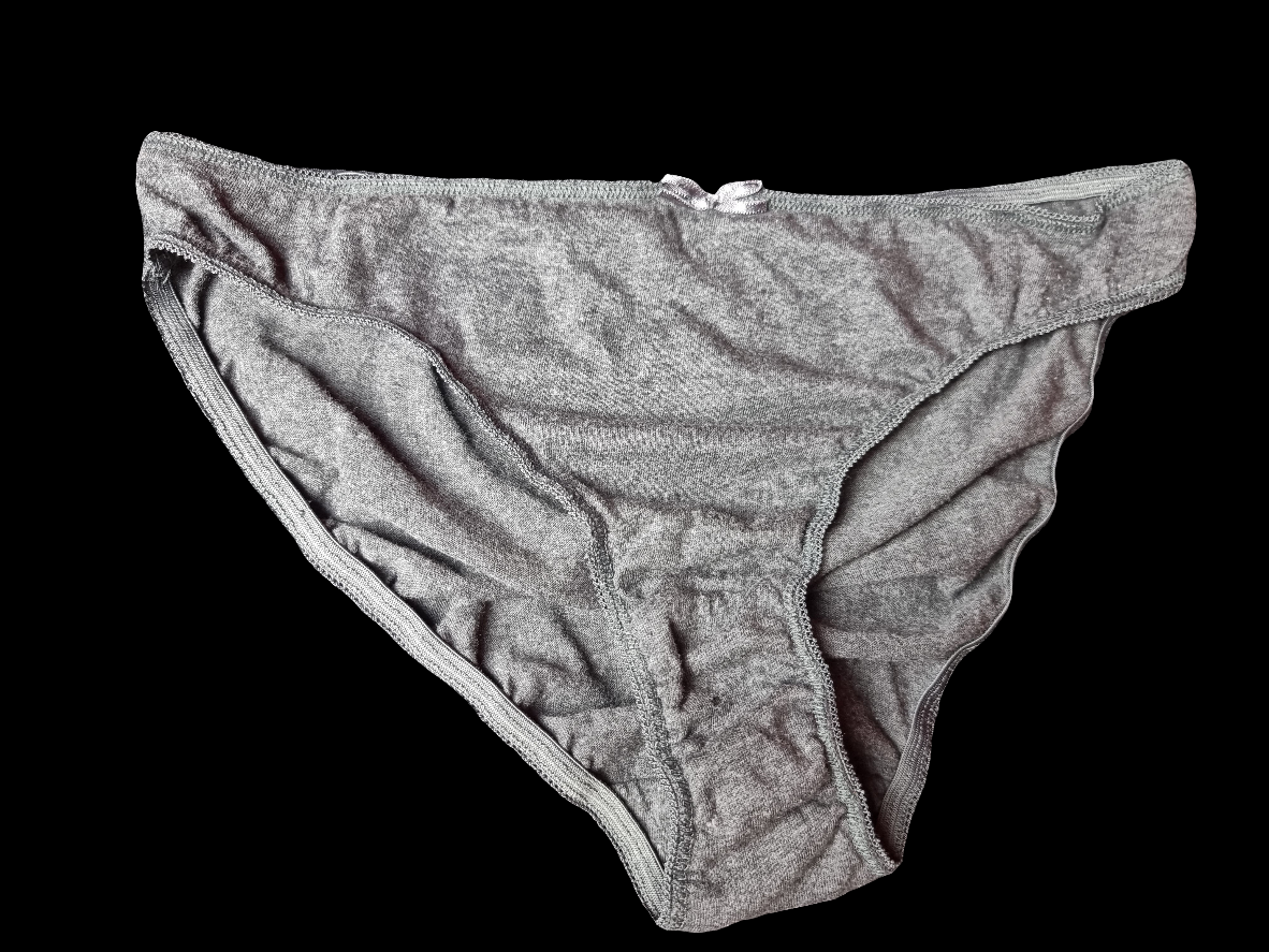 Grey used panties, pre-loved and available for discreet purchase with fast shipping.