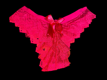 Load image into Gallery viewer, RED LACE THONG WITH SATIN BOW